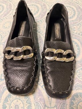 Brighton Black Leather Loafers with Silver-Tone Chain Accent